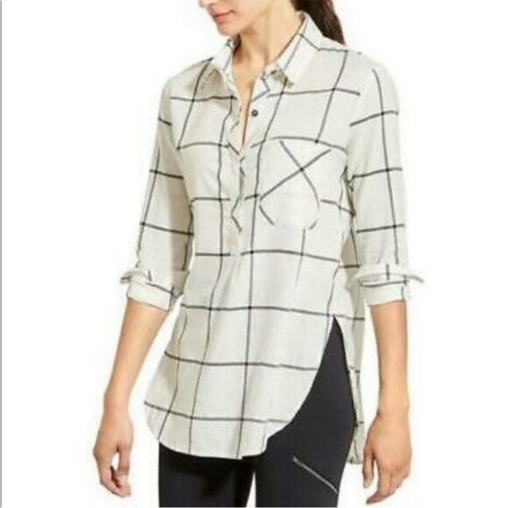 Athleta Presidio Plaid 1/4 Button Up Top Sz XXS